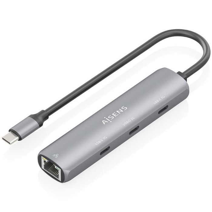 Aisens Dock USB-C a Ethernet Gigabit + Hub 3xUSB-C, Gris